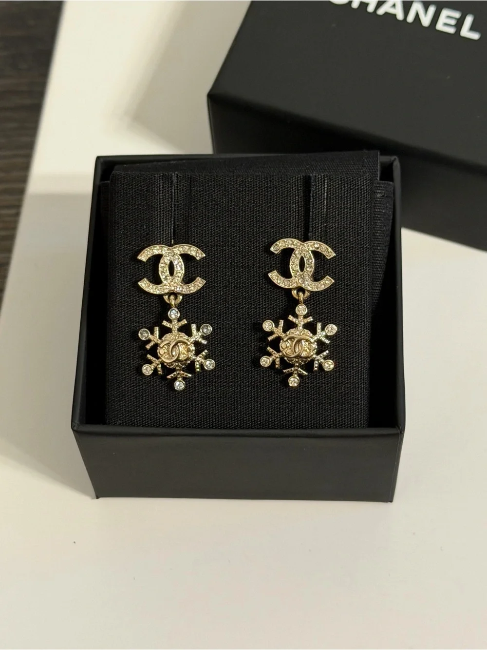Chanel Gold Crystal CC Snowflake Drop Earrings